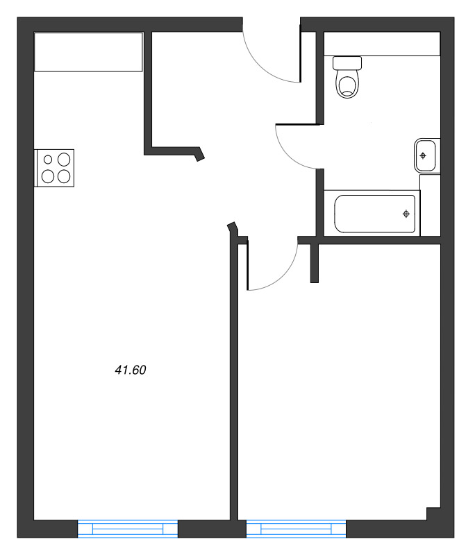 2-комнатная (Евро) квартира, 41.5 м² - планировка, фото №1