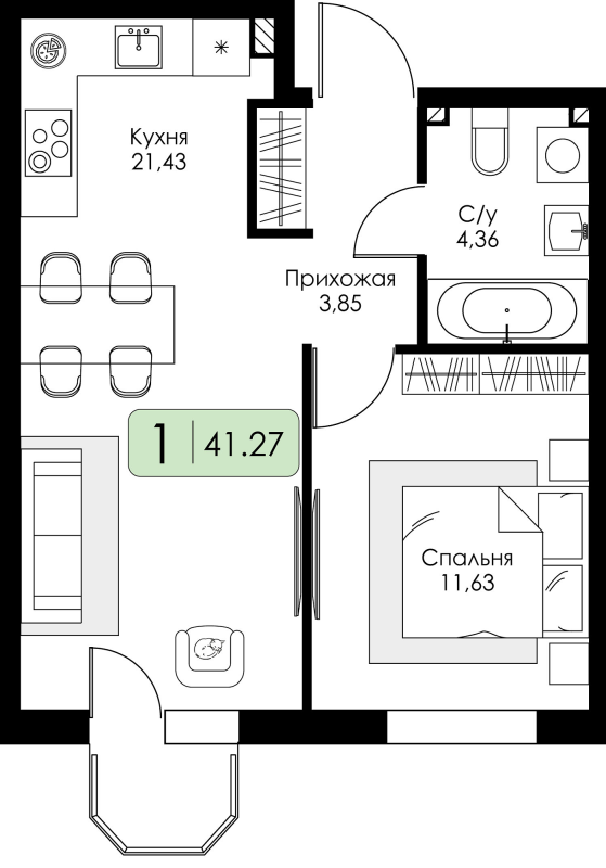 2-комнатная (Евро) квартира, 41.27 м² в ЖК "Всевгород" - планировка, фото №1