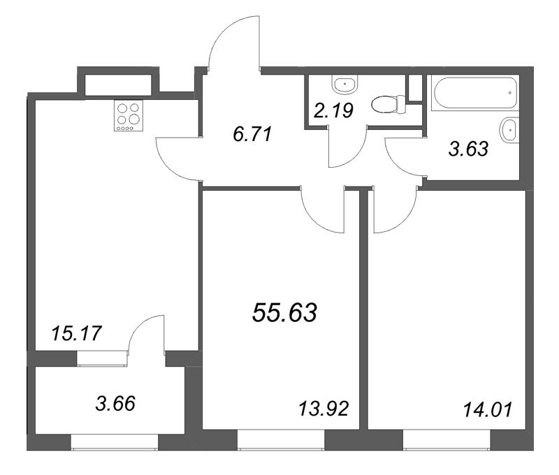 3-комнатная (Евро) квартира, 55.63 м² в ЖК "Дубровский" - планировка, фото №1