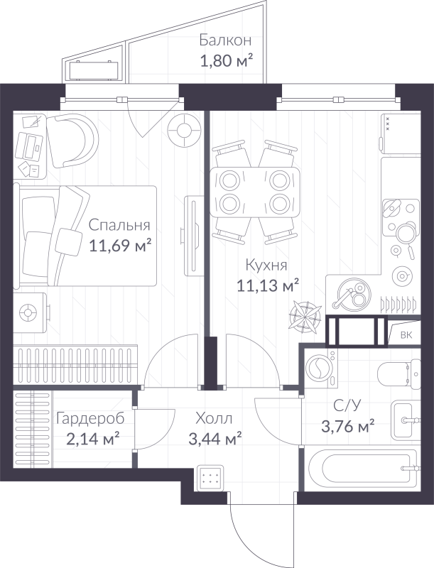 1-комнатная квартира, 32.7 м² в ЖК "ВЕРЕН НОРТ сертолово" - планировка, фото №1