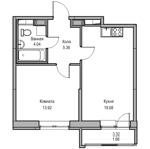 2-комнатная (Евро) квартира, 43.3 м² в ЖК "Юнтолово" - планировка, фото №1