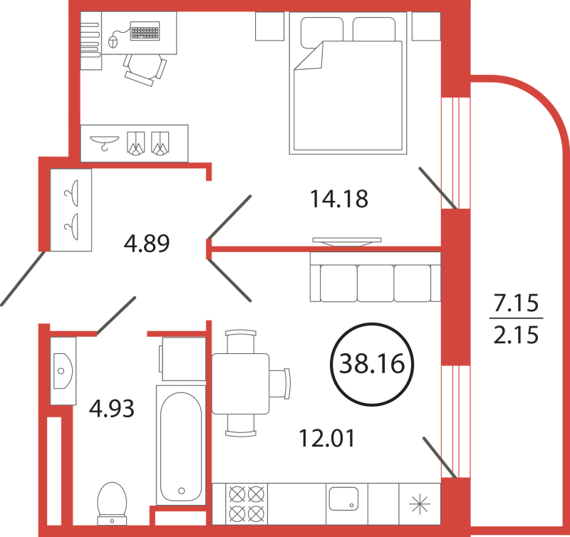 1-комнатная квартира, 38.16 м² - планировка, фото №1