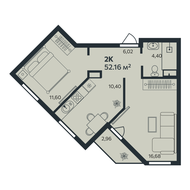 2-комнатная квартира, 52.16 м² - планировка, фото №1