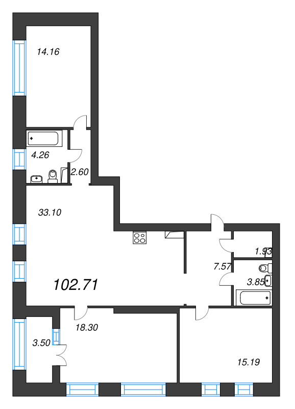 3-комнатная квартира, 102.71 м² в ЖК "Наука" - планировка, фото №1