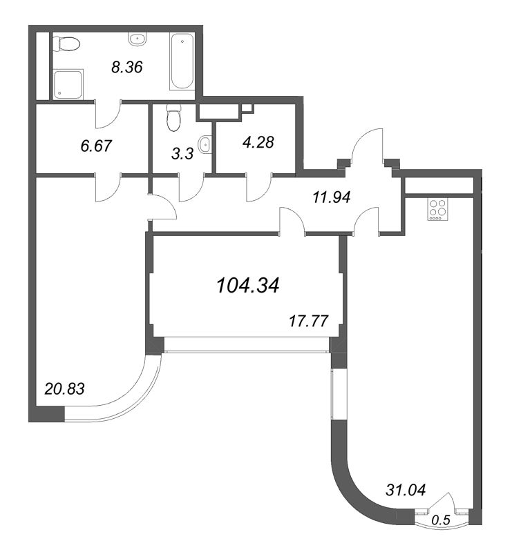 3-комнатная (Евро) квартира, 104.34 м² в ЖК "MONODOM-ART" - планировка, фото №1