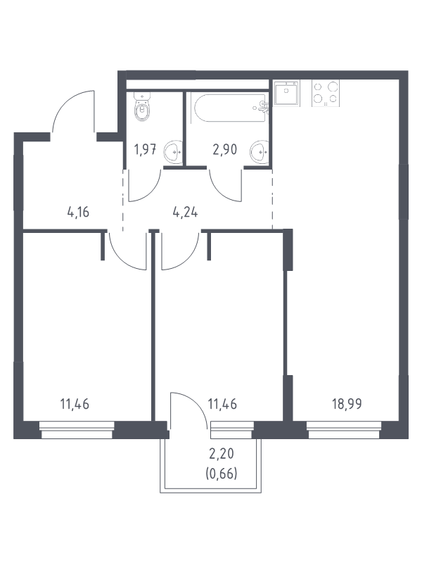3-комнатная (Евро) квартира, 55.84 м² - планировка, фото №1