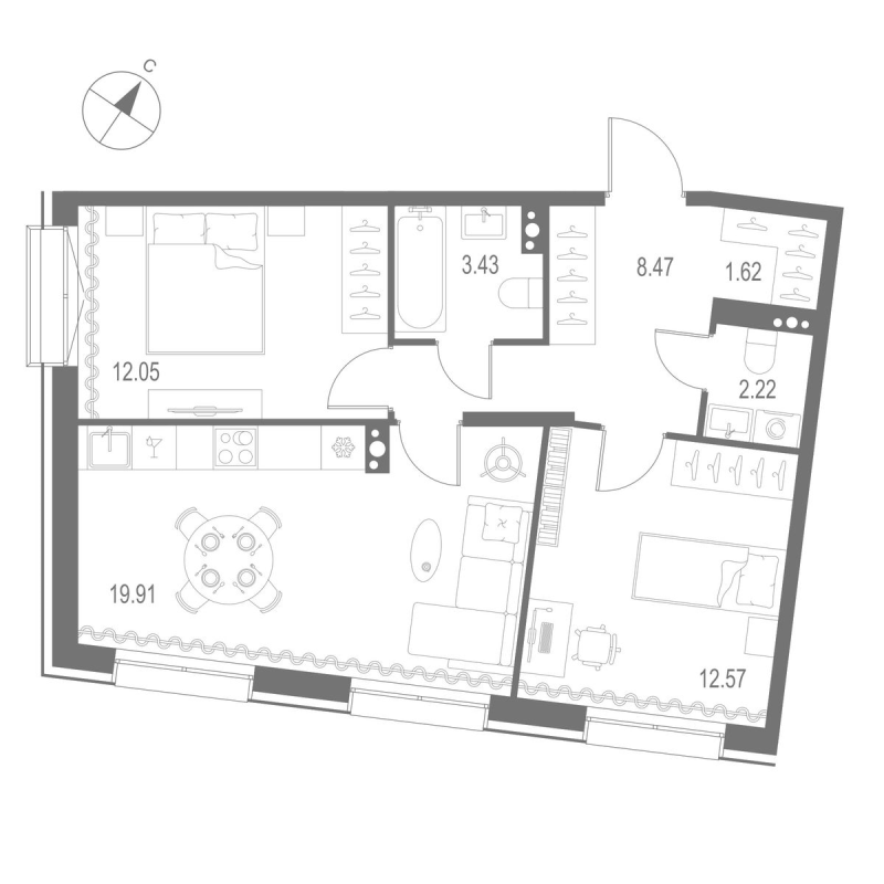 3-комнатная (Евро) квартира, 60.27 м² в ЖК "Остров Первых" - планировка, фото №1