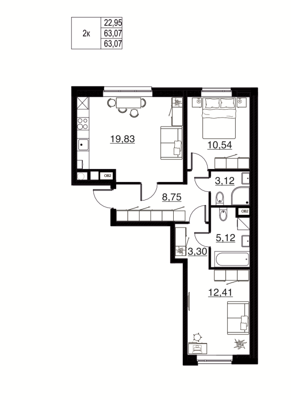 3-комнатная (Евро) квартира, 63.07 м² в ЖК "Соло. Петергоф" - планировка, фото №1