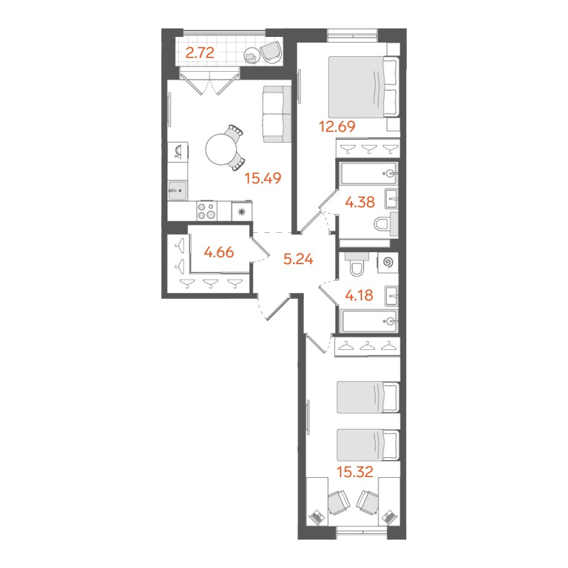 3-комнатная (Евро) квартира, 63.3 м² в ЖК "STAVNI Обводный" - планировка, фото №1