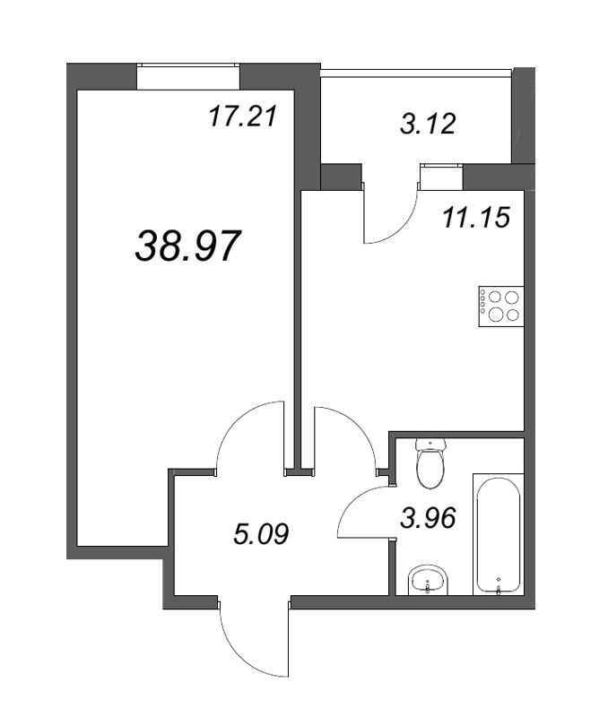 1-комнатная квартира, 38.3 м² - планировка, фото №1