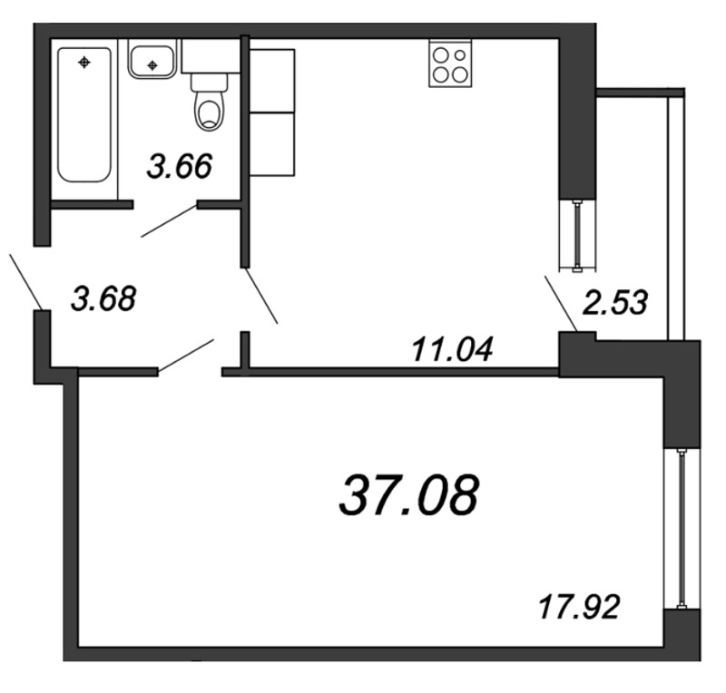 1-комнатная квартира, 37.09 м² - планировка, фото №1