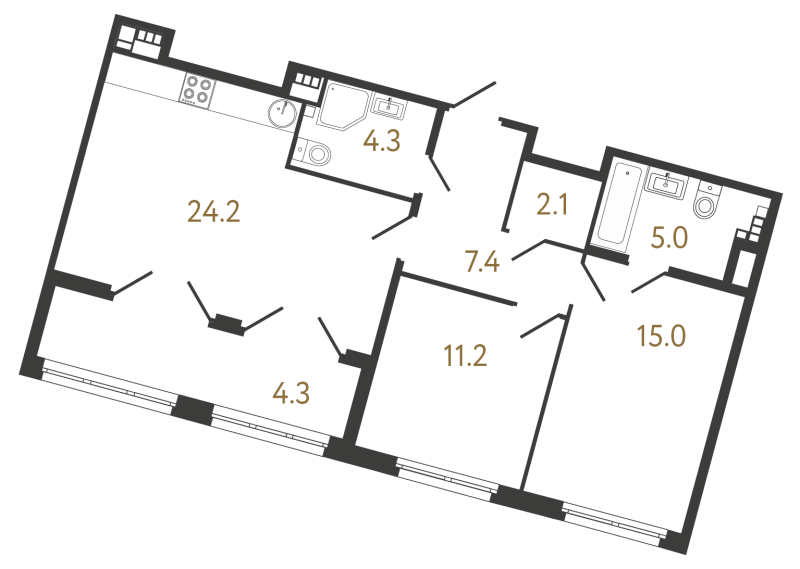 3-комнатная (Евро) квартира, 69.1 м² в ЖК "МИРЪ" - планировка, фото №1