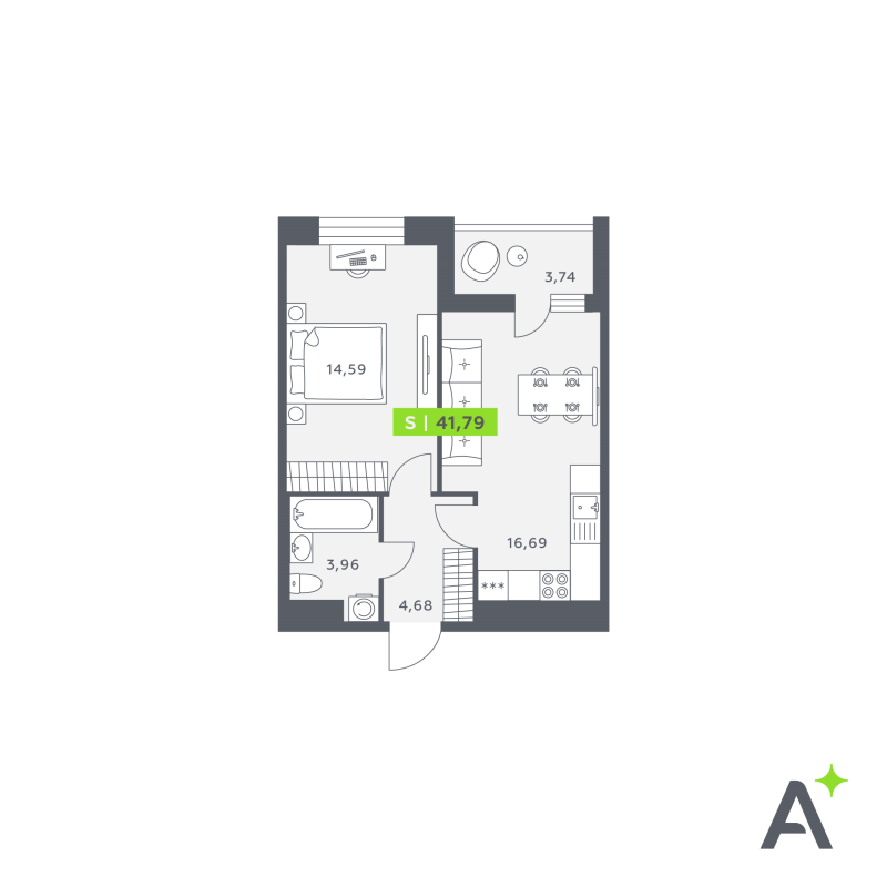 2-комнатная (Евро) квартира, 41.43 м² в ЖК "Аквилон Verba" - планировка, фото №1