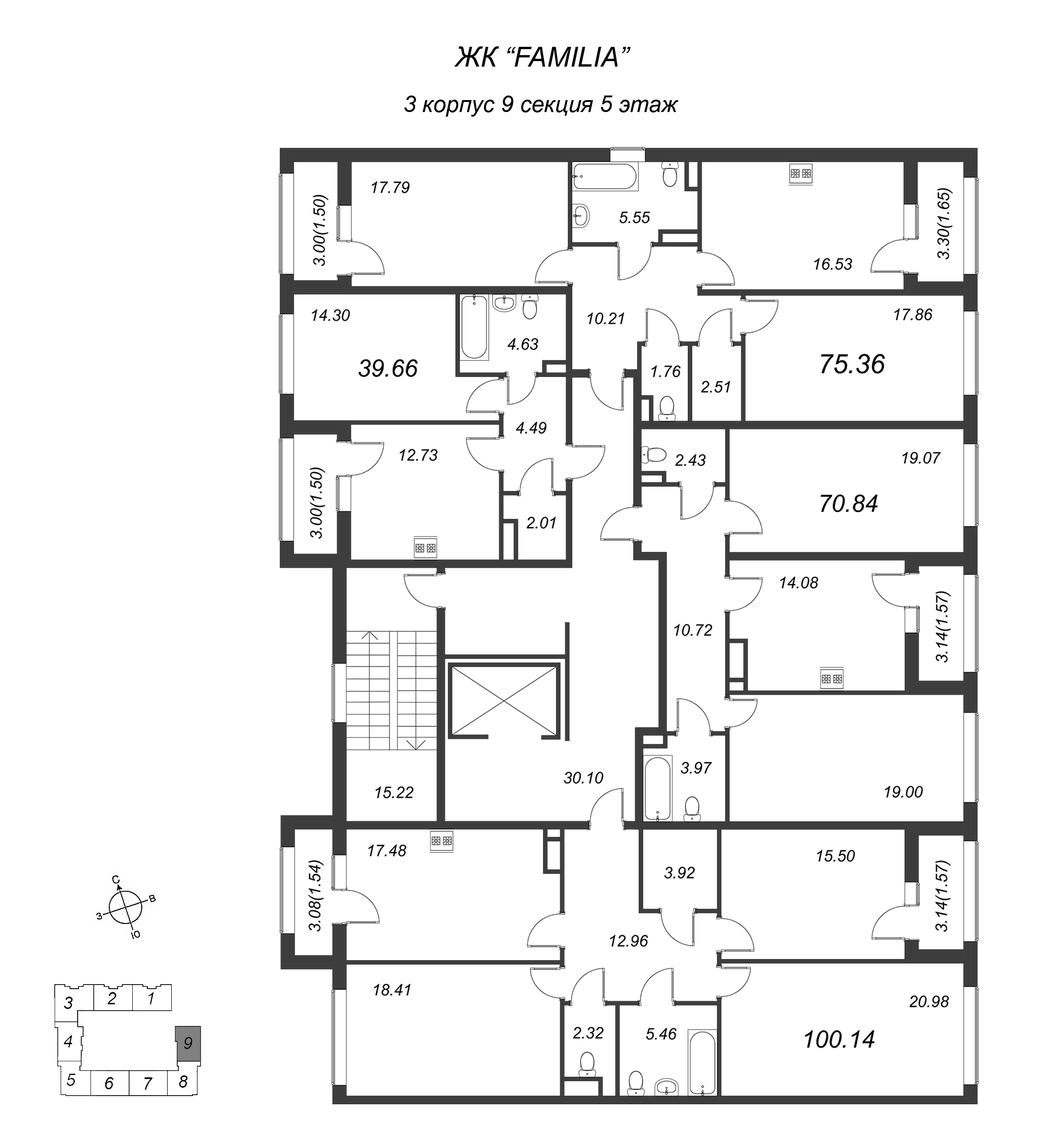 1-комнатная квартира, 39.7 м² в ЖК "FAMILIA" - планировка этажа