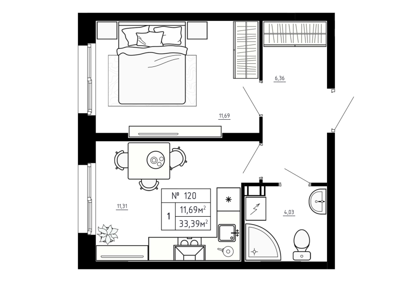 1-комнатная квартира, 33.39 м² в ЖК "Аннино Сити" - планировка, фото №1