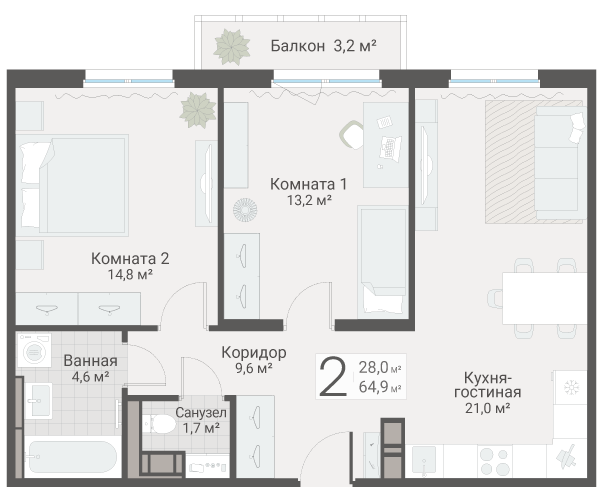 3-комнатная (Евро) квартира, 64.9 м² в ЖК "Руднева 15" - планировка, фото №1