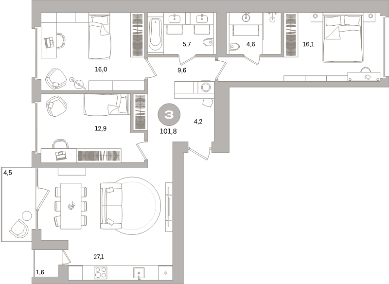 4-комнатная (Евро) квартира, 101.8 м² в ЖК "Северный ветер" - планировка, фото №1