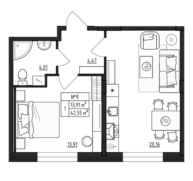 2-комнатная (Евро) квартира, 42.55 м² - планировка, фото №1