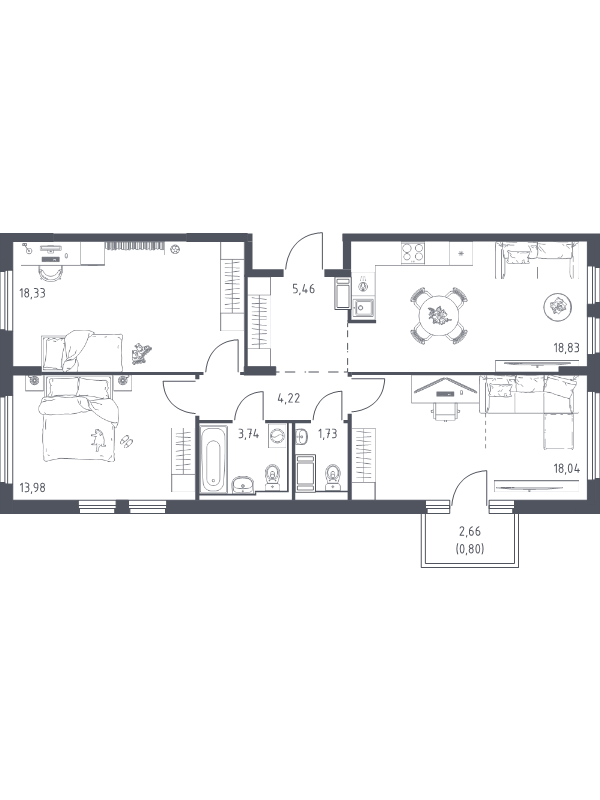 4-комнатная (Евро) квартира, 83.97 м² в ЖК "Новое Колпино" - планировка, фото №1
