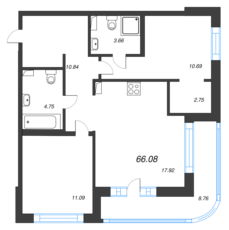 3-комнатная (Евро) квартира, 66.08 м² в ЖК "Энфилд" - планировка, фото №1