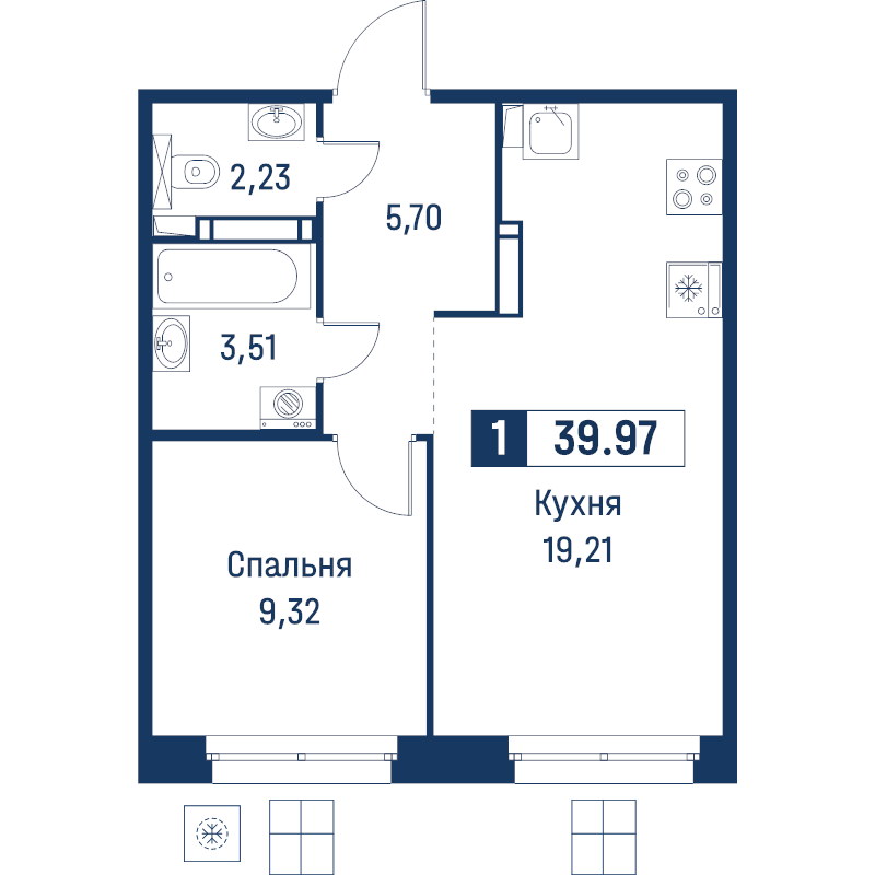 2-комнатная (Евро) квартира, 39.97 м² в ЖК "Символист" - планировка, фото №1