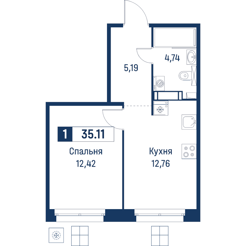 1-комнатная квартира, 35.11 м² в ЖК "Символист" - планировка, фото №1