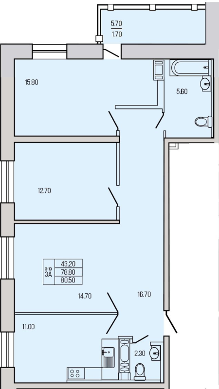 3-комнатная квартира, 81.3 м² в ЖК "Экос" - планировка, фото №1