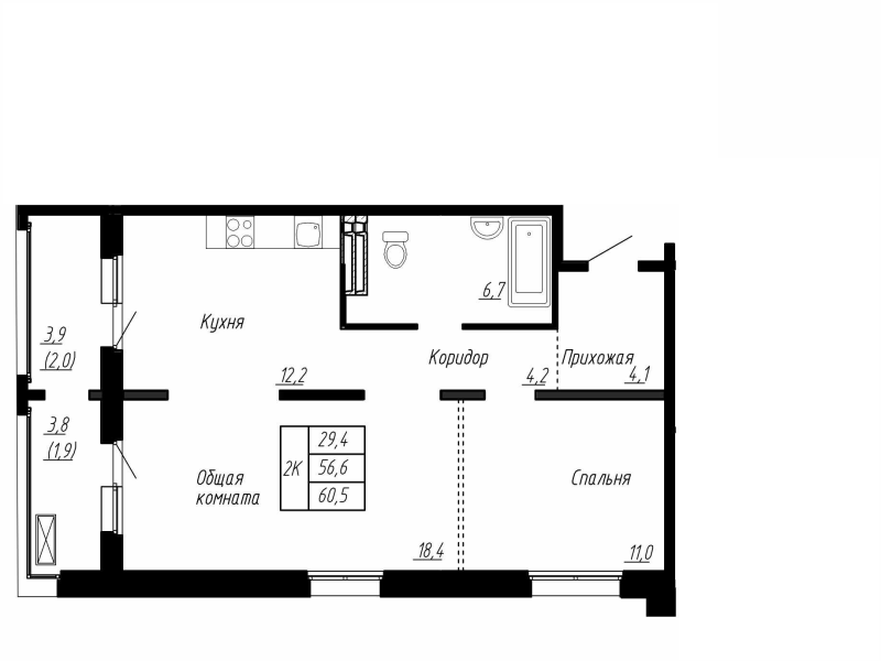 2-комнатная квартира, 60.5 м² в ЖК "Сибирь" - планировка, фото №1