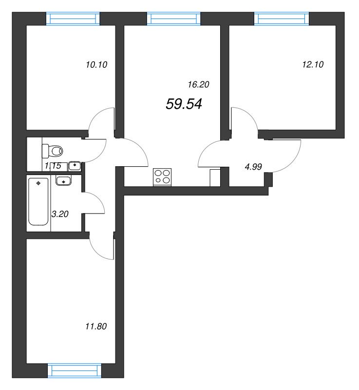 4-комнатная (Евро) квартира, 59.54 м² в ЖК "Ручьи" - планировка, фото №1