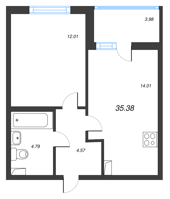 1-комнатная квартира, 35.38 м² в ЖК "Ясно.Янино" - планировка, фото №1