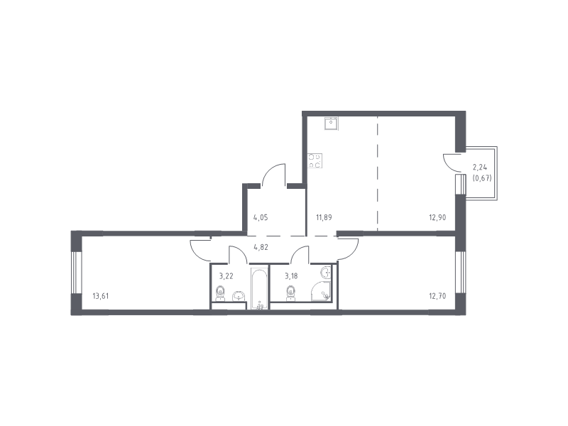 3-комнатная (Евро) квартира, 67.04 м² - планировка, фото №1