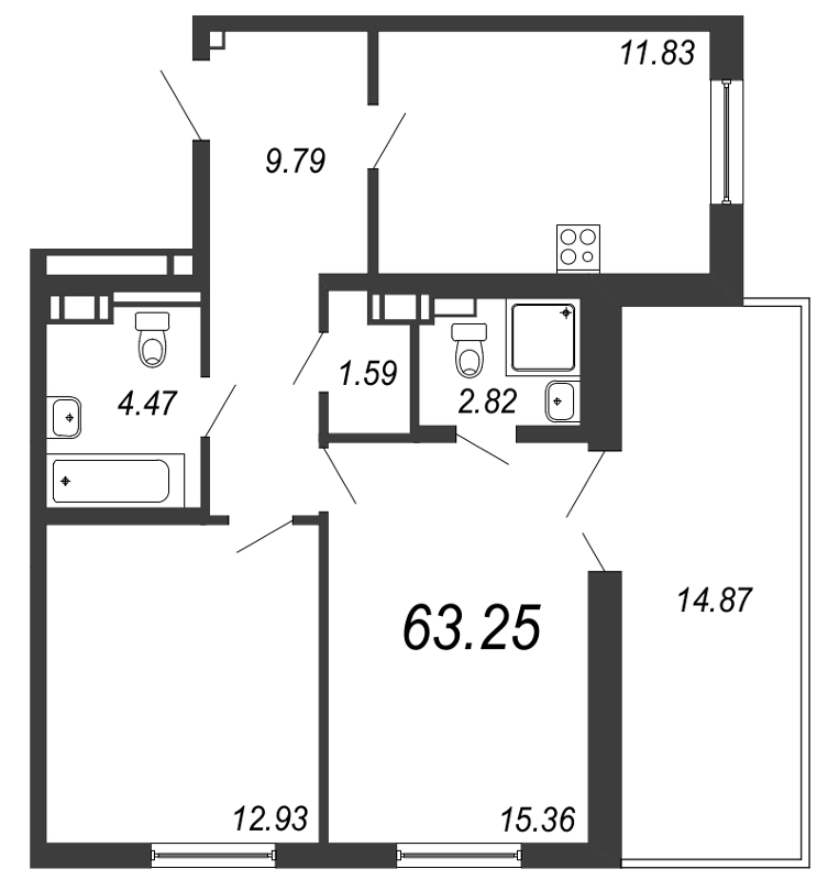 2-комнатная квартира, 58.79 м² в ЖК "Jaanila Драйв" - планировка, фото №1