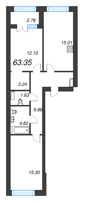 3-комнатная (Евро) квартира, 67.2 м² в ЖК "Наука" - планировка, фото №1