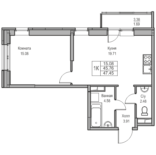 2-комнатная (Евро) квартира, 47.45 м² в ЖК "Юнтолово" - планировка, фото №1