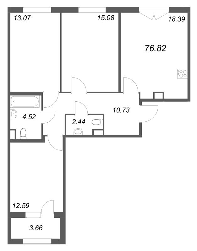 4-комнатная (Евро) квартира, 76.82 м² в ЖК "Дубровский" - планировка, фото №1