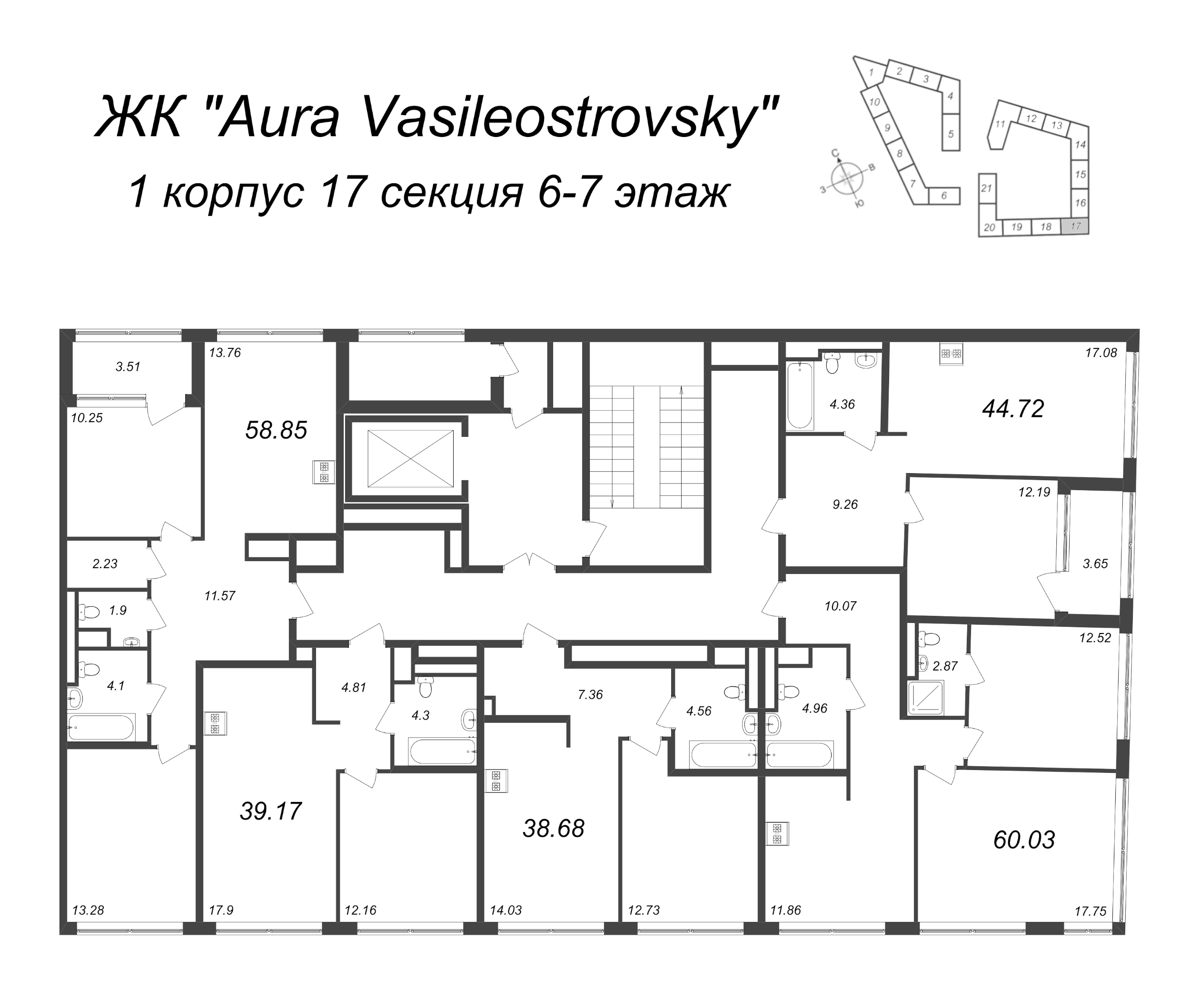 1-комнатная квартира, 38.68 м² в ЖК "GloraX Premium Василеостровский" - планировка этажа