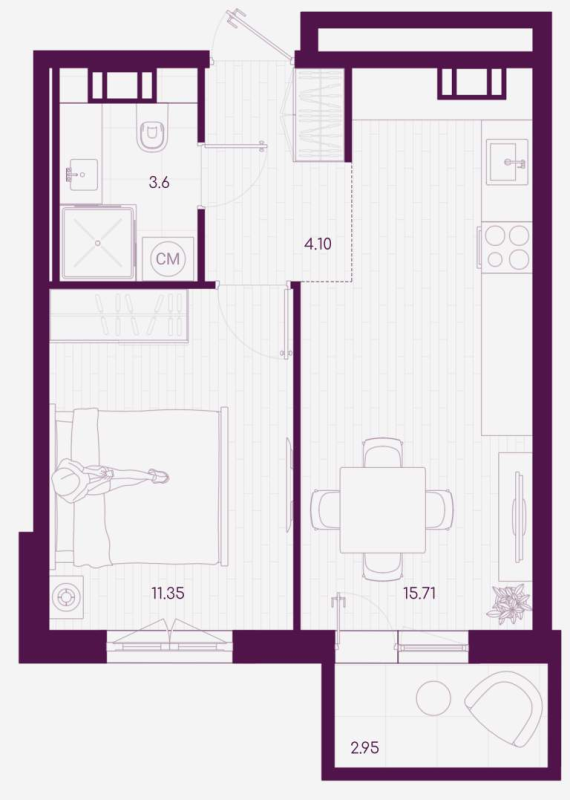 1-комнатная квартира, 35.66 м² - планировка, фото №1