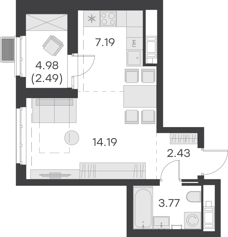 Квартира-студия, 30.07 м² - планировка, фото №1