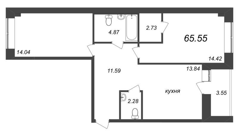 2-комнатная квартира, 65.4 м² - планировка, фото №1