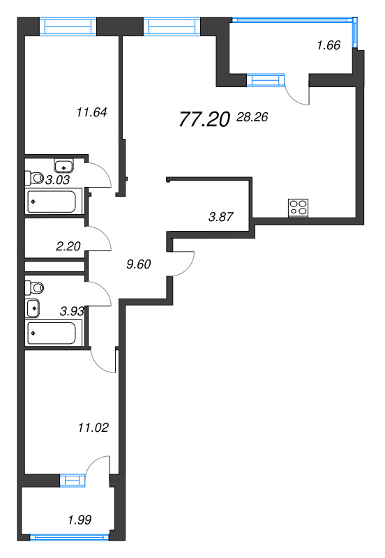 4-комнатная (Евро) квартира, 77.2 м² - планировка, фото №1