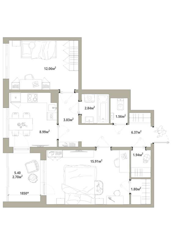 2-комнатная квартира, 58 м² в ЖК "Тишин" - планировка, фото №1