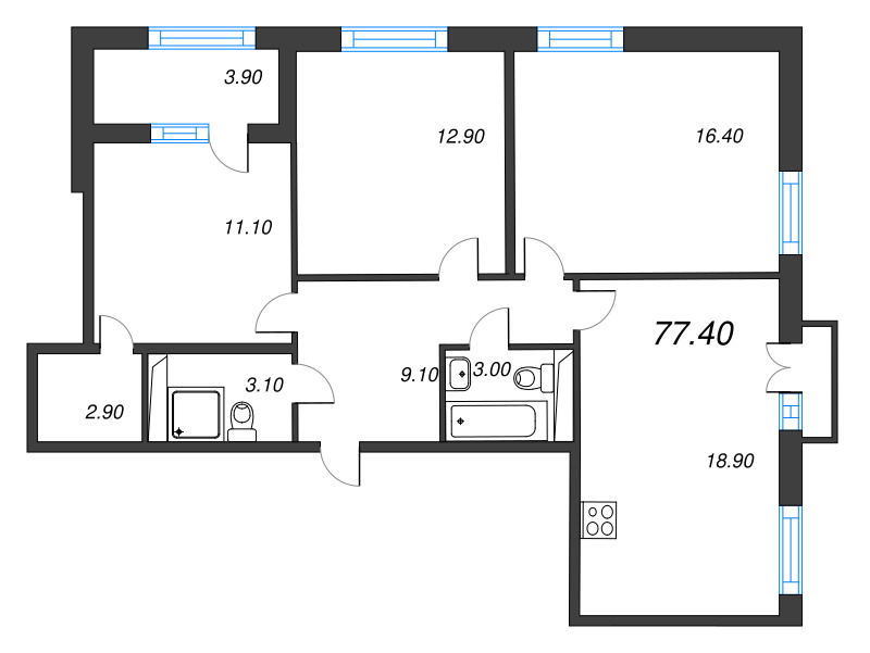 4-комнатная (Евро) квартира, 77.4 м² - планировка, фото №1