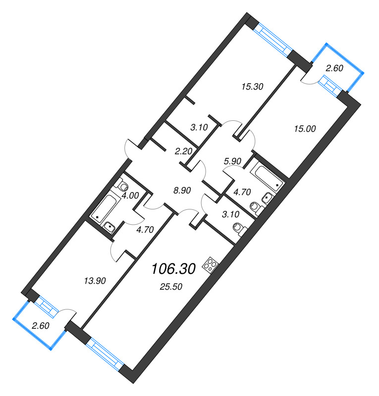 4-комнатная (Евро) квартира, 106.3 м² в ЖК "Цвет Зеленогорска" - планировка, фото №1