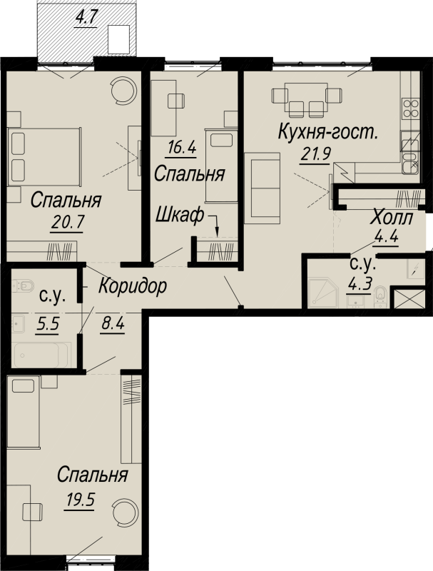 4-комнатная (Евро) квартира, 104.98 м² - планировка, фото №1