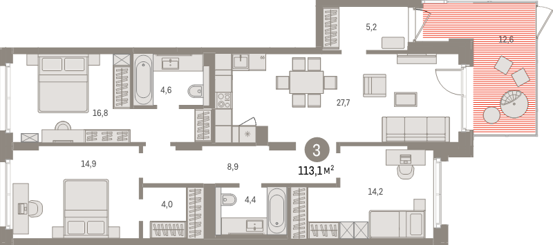 4-комнатная (Евро) квартира, 113.1 м² в ЖК "Брусника в Новоселье" - планировка, фото №1