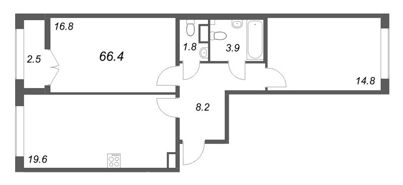 3-комнатная (Евро) квартира, 66.4 м² в ЖК "Кронунг ЮГ" - планировка, фото №1
