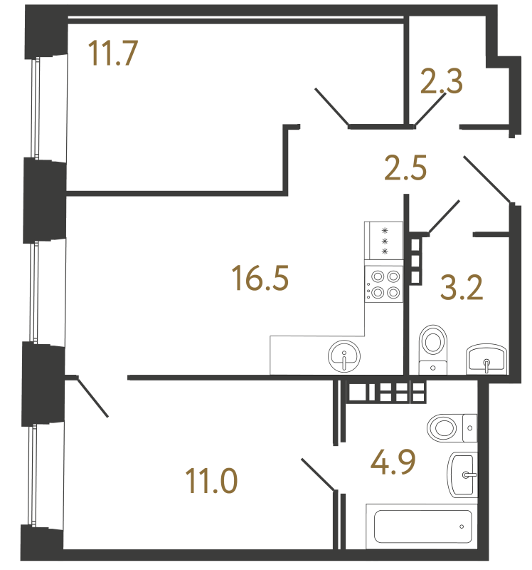 3-комнатная (Евро) квартира, 52.1 м² в ЖК "Светоч" - планировка, фото №1