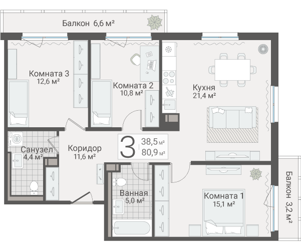 4-комнатная (Евро) квартира, 80.9 м² в ЖК "Руднева 15" - планировка, фото №1