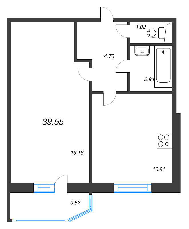1-комнатная квартира, 39.5 м² - планировка, фото №1