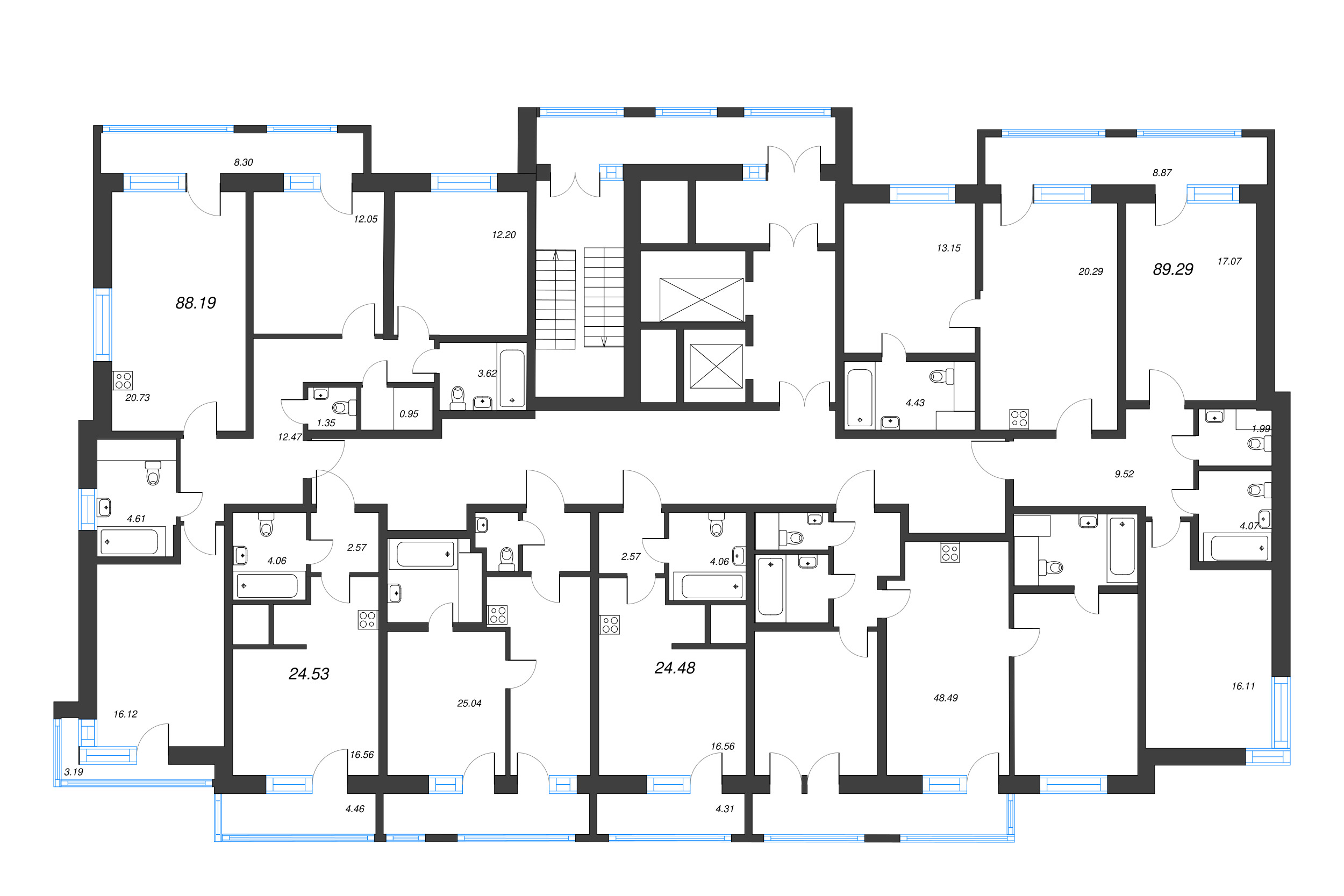 4-комнатная (Евро) квартира, 89.29 м² - планировка этажа